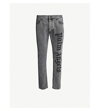 Shop Palm Angels Logo-print Faded Tapered Jeans In Dark Grey Wash