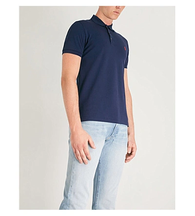 Shop Polo Ralph Lauren Men's French Navy Short-sleeved Logo-embroidered Stretch Cotton-piqué Polo Shirt