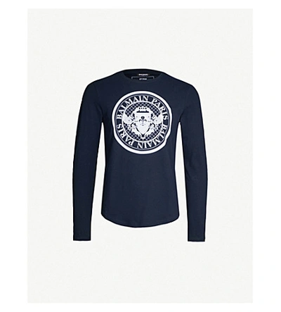 Shop Balmain Coin Logo-flocked Cotton-jersey Top In Navy