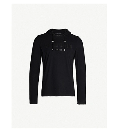 Shop Balmain Logo-print Cotton-jersey Hoody In Black