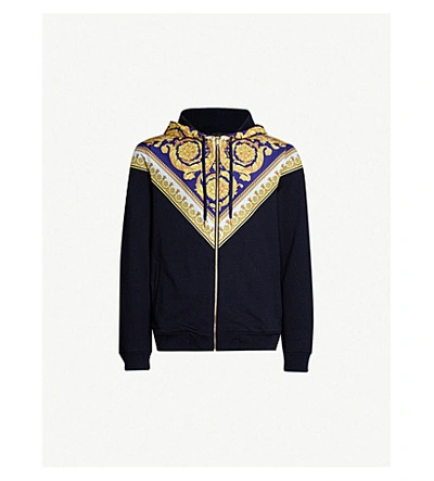 Shop Versace Baroque Print-panelled Cotton-jersey Hoody In Blu Stampa