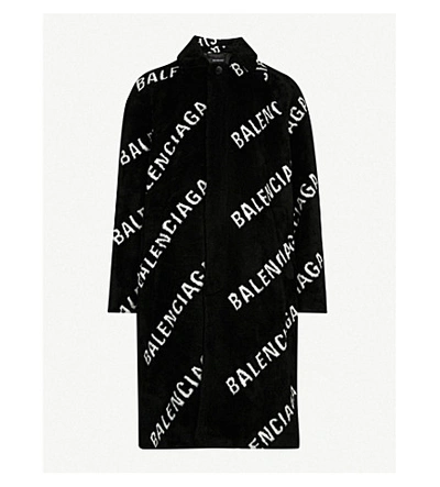 Shop Balenciaga Oversized Logo-print Faux-fur Coat In Black Ivory