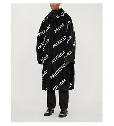 Shop Balenciaga Oversized Logo-print Faux-fur Coat In Black Ivory