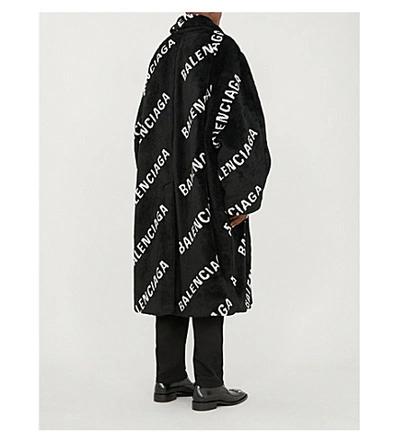 Shop Balenciaga Oversized Logo-print Faux-fur Coat In Black Ivory