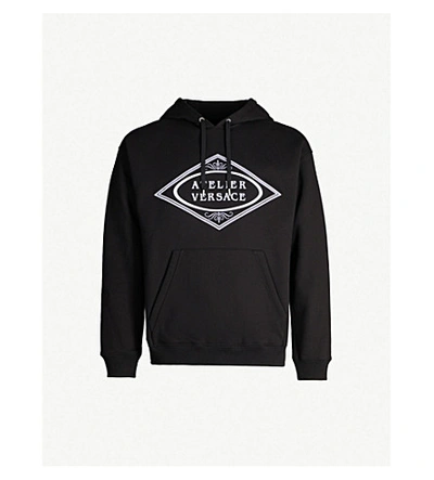 Shop Versace Atelier Logo-embroidered Cotton-jersey Hoody In Black