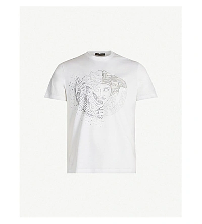 Shop Versace Medusa Logo-embroidered Cotton-jersey T-shirt In Bianco Argento