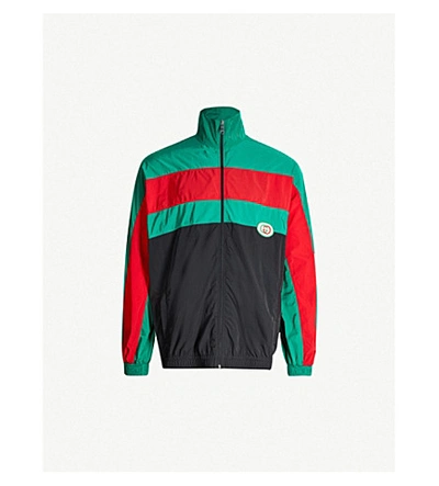 Shop Gucci Colour-blocked Logo-appliquéd Shell Jacket In Black+green+red