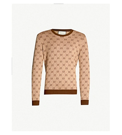 Shop Gucci Logo Wool And Cotton-blend Knit Jumper In Camel Multi