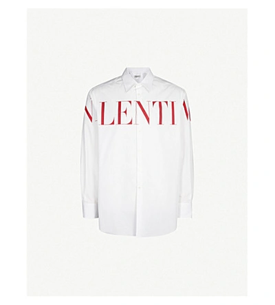 Shop Valentino Logo-print Regular-fit Cotton Shirt In White Red