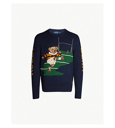 Shop Polo Ralph Lauren Rugby Bear Cotton And Linen-blend Knit Jumper In Navy