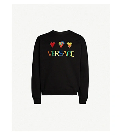 Shop Versace Logo-embroidered Heart-appliqué Cotton-jersey Sweatshirt In Nero