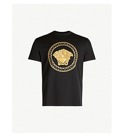 Shop Versace Logo-embroidered Embellished Cotton T-shirt In Black