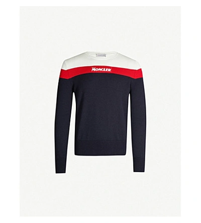Shop Moncler Logo-patched Striped Wool Jumper In Navy