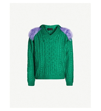 Shop Prada V-neck Faux Fur-panelled Mohair-blend Jumper In Green Lilac