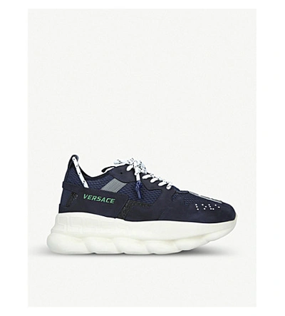 Shop Versace Chain Reaction Leather And Mesh Trainers In Navy