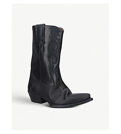 Shop Saint Laurent Lukas Lizard-embossed Leather Heeled Ankle Boots In Black