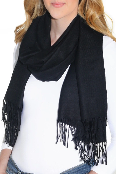 Shop Amicale Tissue Weight Fringe Scarf In 001black