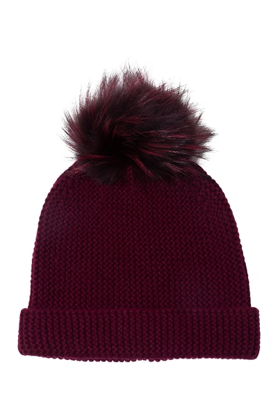 Shop Amicale Cashmere Links Stitch Cuffed Hat With Genuine Fox  Fur Pom In Bordeaux
