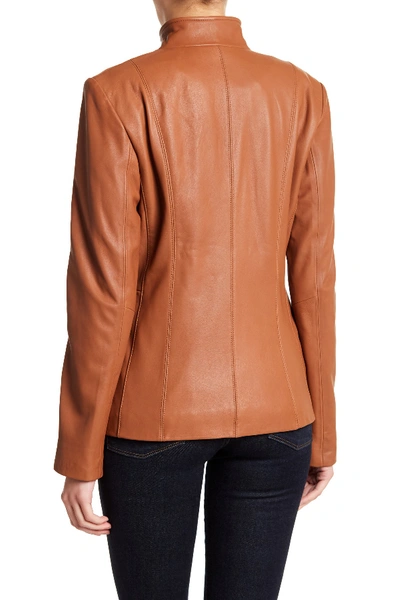 Shop Cole Haan Lambskin Leather Jacket In Cognac
