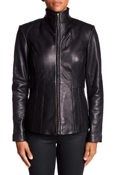 Shop Cole Haan Lambskin Leather Jacket In Black