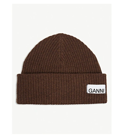Shop Ganni Logo Rib-knit Wool-blend Beanie In Chicory Coffee