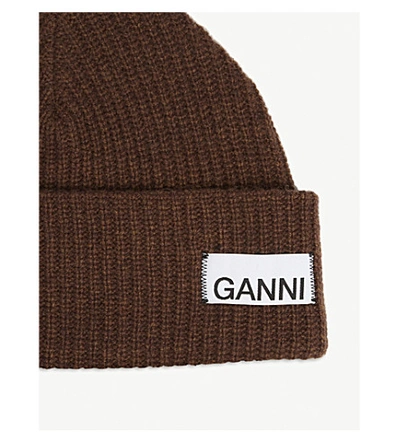 Shop Ganni Logo Rib-knit Wool-blend Beanie In Chicory Coffee