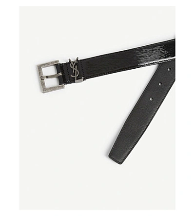 Shop Saint Laurent Ysl Patent Leather Belt In Black+silver