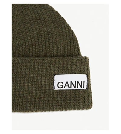 Shop Ganni Logo Rib-knit Wool-blend Beanie In Kalamata
