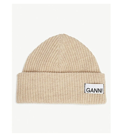 Shop Ganni Logo Rib-knit Wool-blend Beanie In Tapioca