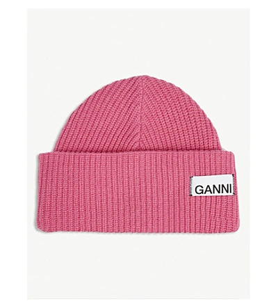 Shop Ganni Logo Rib-knit Wool-blend Beanie In Hot Pink