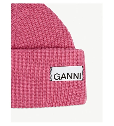 Shop Ganni Logo Rib-knit Wool-blend Beanie In Hot Pink