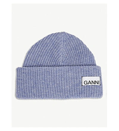 Shop Ganni Logo Rib-knit Wool-blend Beanie In Pastel Lilac