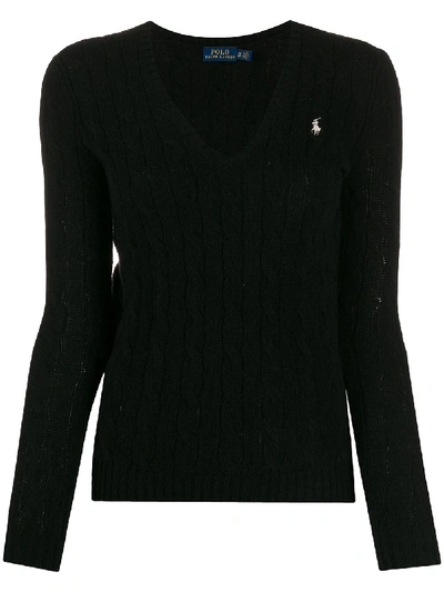 Shop Polo Ralph Lauren Merino Wool Blend Logo Knit V-neck Jumper In Black
