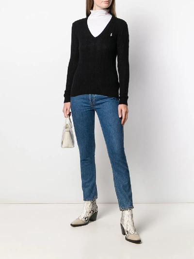 Shop Polo Ralph Lauren Merino Wool Blend Logo Knit V-neck Jumper In Black