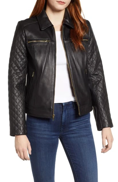 Shop Cole Haan Quilted Lambskin Leather Jacket In Black
