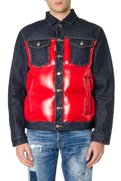 Shop Dsquared2 Cotton Denim Jacket With Duvet Insert In Blue/red