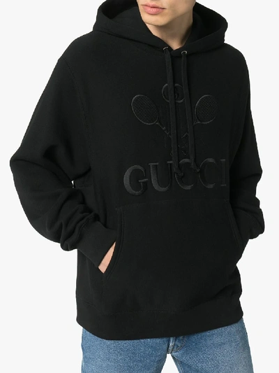 Shop Gucci Tennis Embroidery Cotton Hoodie In Black