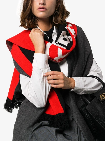 Shop Burberry Red And Black Logo Knit Football Scarf