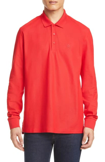 Shop Burberry Eddie Tb Monogram Long Sleeve Pique Polo In Red