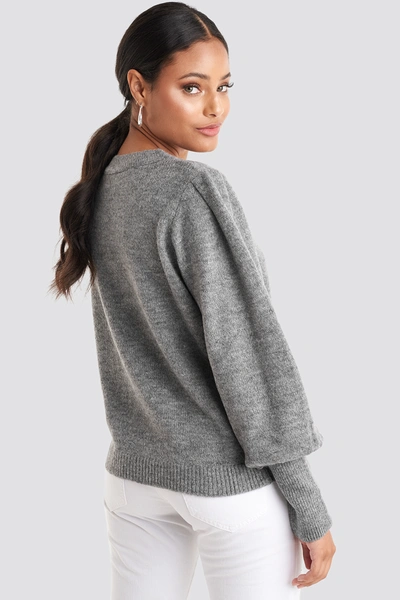 Shop Na-kd Puff Sleeve Wide Rib Knitted Sweater Grey