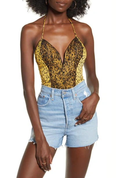 Shop Afrm Alie Halter Neck Lace Thong Bodysuit In Gold Leopard