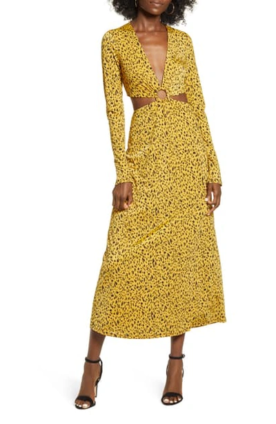 Shop Afrm Lola Leopard Print Cutout Detail Long Sleeve Midi Dress In Gold Leopard713