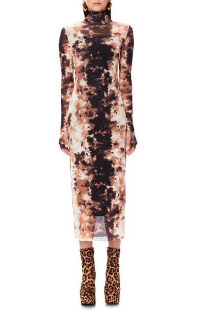 Shop Afrm Shailene Long Sleeve Print Mesh Dress In Neutral Tie Dye