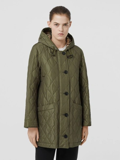 Shop Burberry Diamond Quilted Hooded Coat In Cadet Green