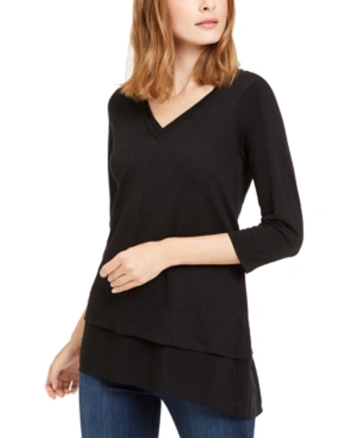 Shop Vince Camuto Mixed-media V-neck Tunic In Rich Black