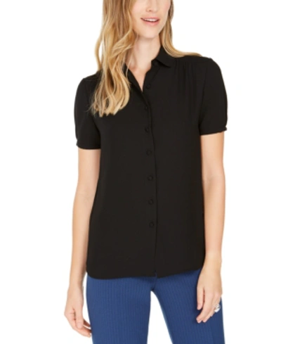 Shop Anne Klein Cap-sleeve Button-up Blouse In Anne Black