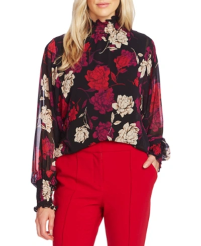 Shop Vince Camuto Enchanted Floral-print Smocked Mock-neck Top In Tulip Red