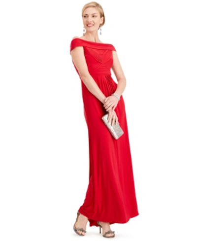 Shop Adrianna Papell Pintuck Off-the-shoulder Gown In Apple Red