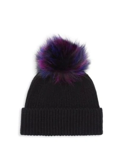 Shop Amicale Knit Cashmere & Fox Fur Beanie In Black Cobalt