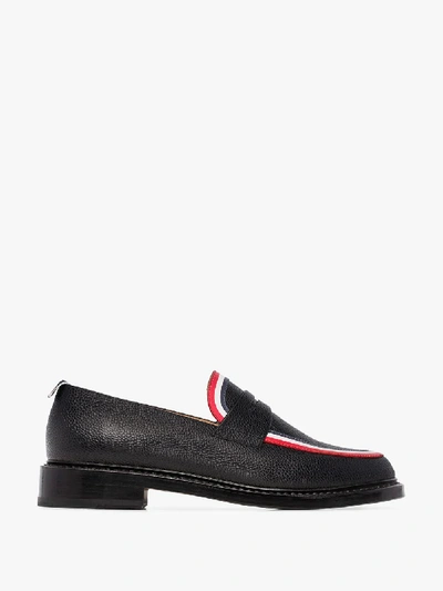 Shop Thom Browne Black Striped Leather Penny Loafers